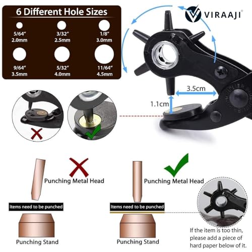 Image of Rotary Leather Belt Hole Puncher Pliers, Belt Punching Machine With 6 Sizes Heavy Duty Belt Hole Machine for Straps Crafts Adjustable Steel Head Comfortable Grip