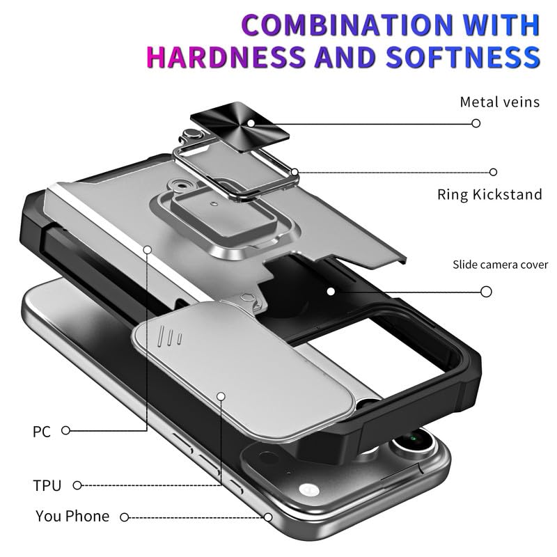 Image of LuxuryKase Shockproof Armor Case for iPhone 17 Pro Max | Slide Camera Cover | Hidden Card Slot | Rotating Ring Kickstand | Magnetic Car Mount Support | Military Grade Protection - White