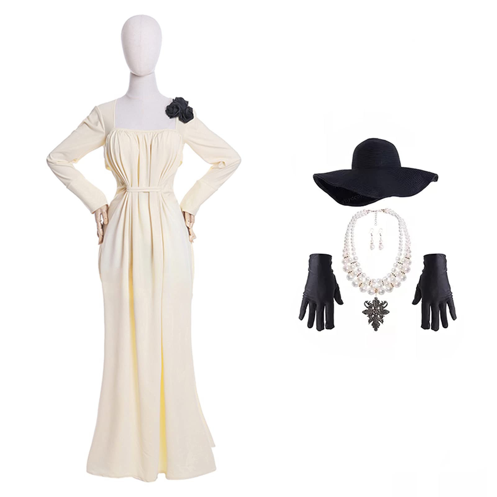 Lady Dimitrescu Cosplay Costumes Alcina Halloween Party Beige Long Dress Dimitrescu Necklace
