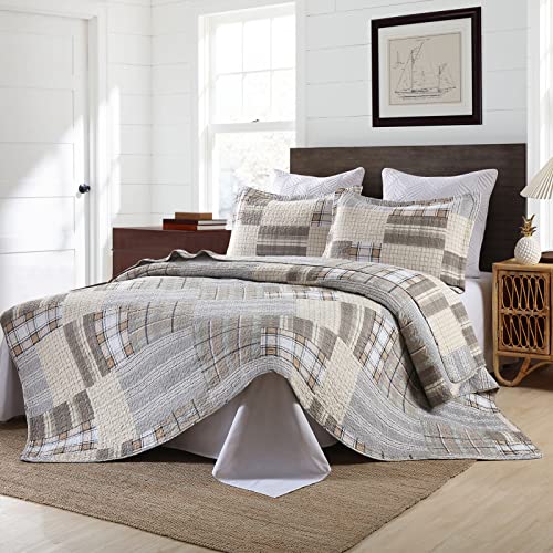 Image of PANGUSHAN Quilts Sets Queen Size,100% Cotton Queen Quilted Bedspreads Bedding Set,Patchwork Plaid Quilt for Queen Bed,Tan /Grey Farmhouse Rustic Bed Spread,Reversible Lightweight Comforter,3-Piece