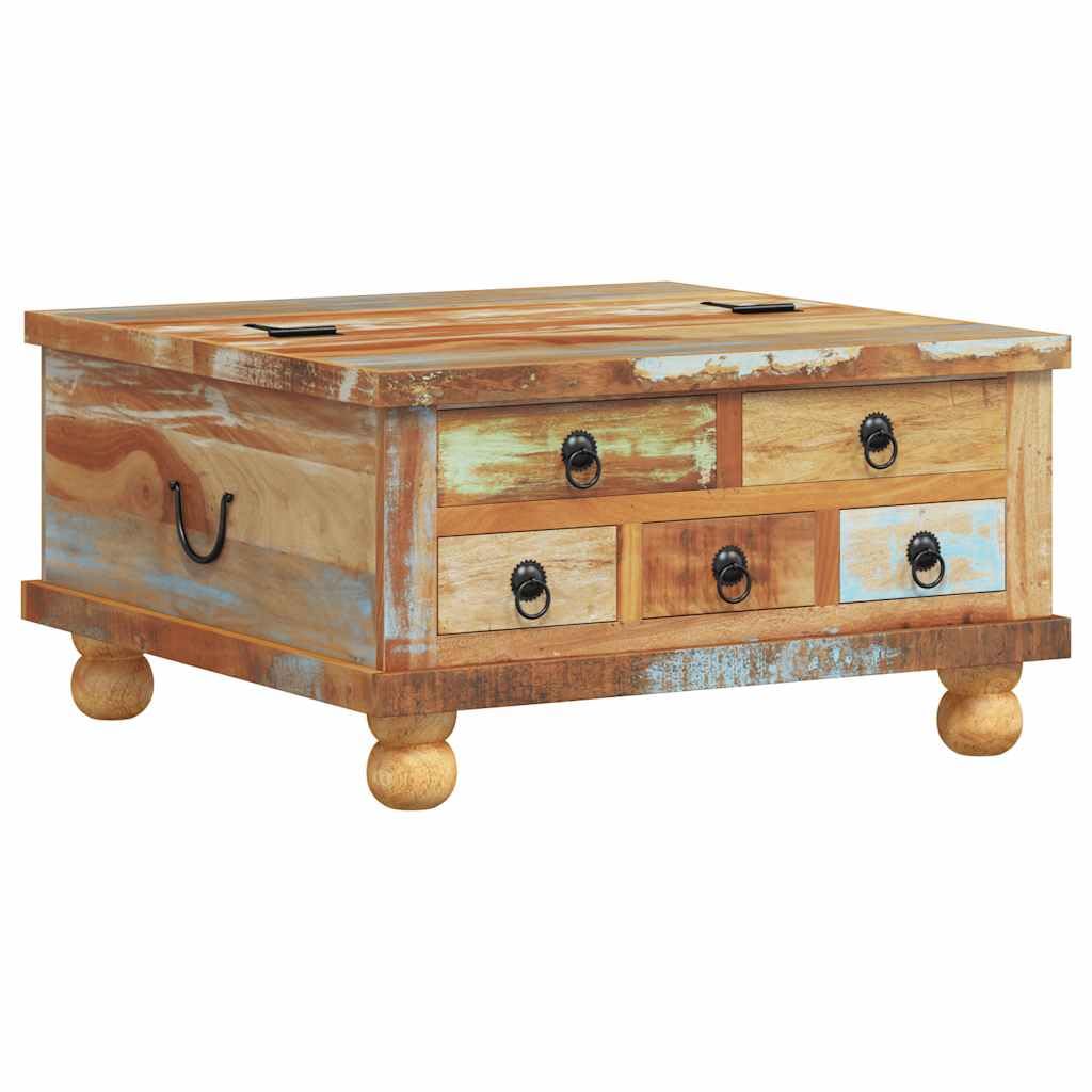 Générique Vintage przemysłowy stolik kawowy z odzyskiwanego drewna 70x70x38 cm, stolik pomocniczy z 5 szufladami i komorą wewnętrzną, ręcznie wykonany z drewna tekowego z drewna akacjowego, styl