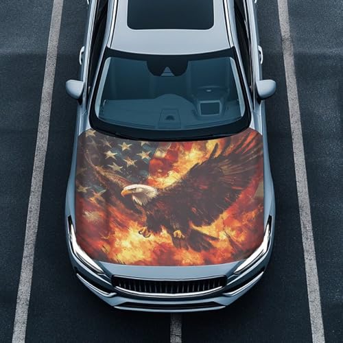 Image of Car Hood Cover, Eagle American Flag Flame Design Car Hood Protector Auto Patriotic Decorations Waterproof Auto Hood Wrap Blankets Universal Automotive Exterior Accessories
