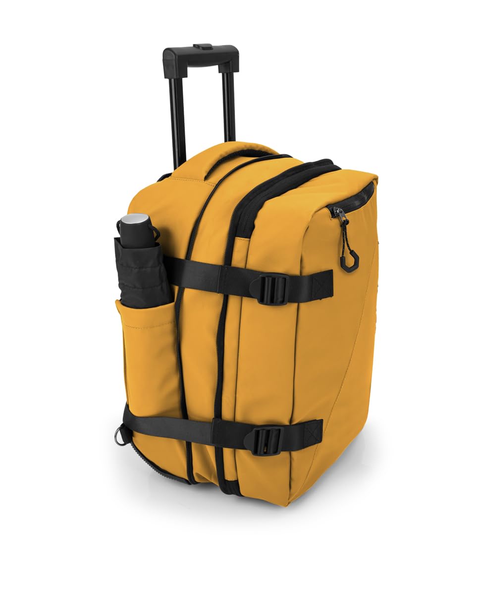 Gabol - Mochila con Ruedas Expandible Canada con Capacidad 24/28,8L - Equipaje Ligero de 1kg y 30x40x20/24 cm, Tirador Extendido 101 cm - Piel Sintética + Textil - Diseño Español - Mostaza