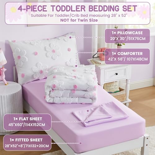 Image of Toddler Bedding Set for Girls 4-Piece Purple Boho Tufted Daisy Flowers Toddler Bed Comforter Set Bed-in-a-Bag Toddler Sheets Bedroom Set with Toddler Comforter, Flat Sheet, Fitted Sheet, Pillowcase