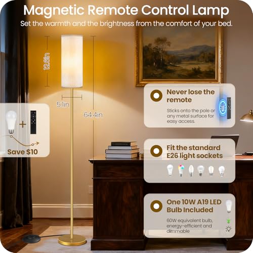 Image of Set of 2 Dimmable Floor Lamps for Living Room with 2 Remotes and Foot Switch, Modern Standing Tall Lamp, Corner Lamp for Bedroom, Bulb Included, 3000K-6500K, Beige and Gold DE06LDP205W1