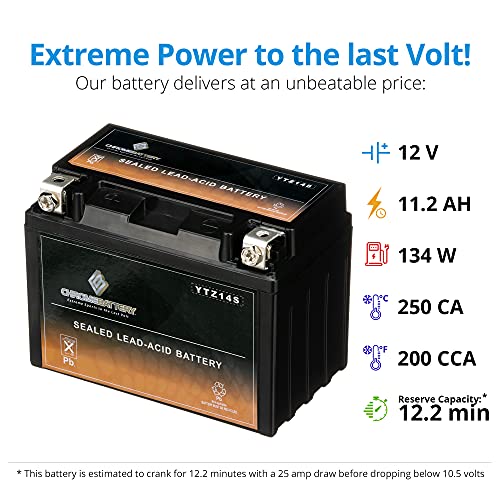 Image of CB CHROMEBATTERY YTZ14S Maintenance Free, 200CCA, Replacement Battery for BMW, Honda, Suzuki, and Yamaha Motorcycles: 12 Volts, 11Ah, Nut and Bolt (T3) Terminal