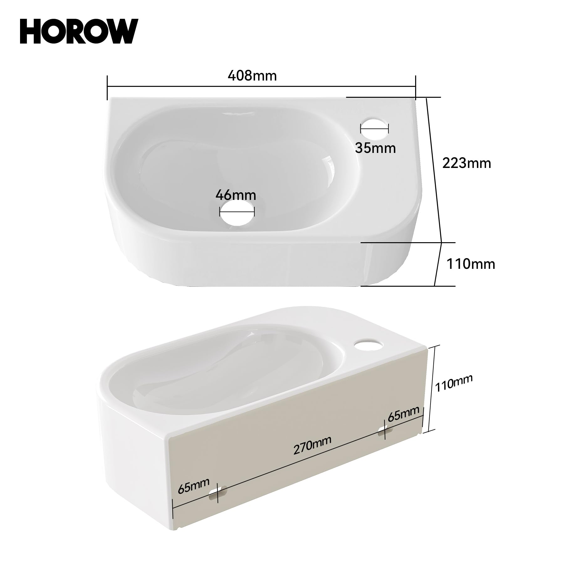 HOROW Lavabo d'angle ovale - Montage mural - Salle de bain - WC | Petit lavabo à main 40 cm blanc en céramique avec trou de robinet à droite, sans trop-plein