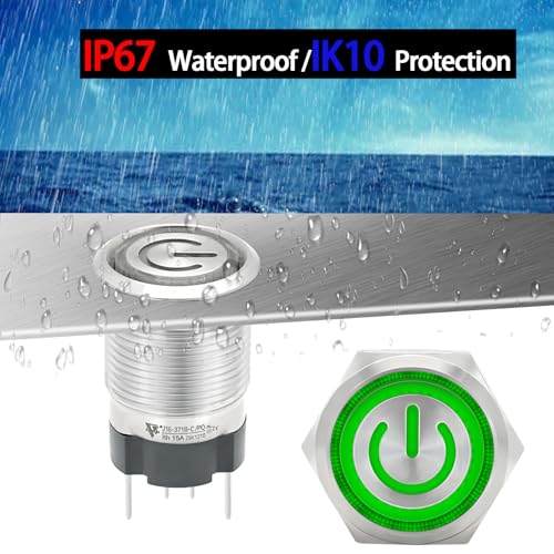 Image of UL Listed 15Amp 16mm Momentary Push Button Switch 110V-120V IP67 Waterproof; SPST 1NO, with LED Angel Eye Light; Stainless Steel 304 with Wire Socket Green