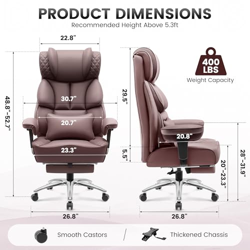 Office Desk Chair, Big and Tall Leather Gaming Chair with Footrest, Wide Ergonomic Comfy Executive High-Back Reclining Computer Chairs, Swivel Rolling Wheels and Padded Lumbar Support,Coffee - Image 3