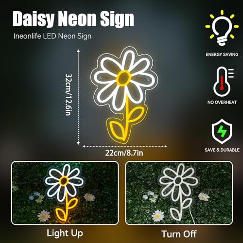 Image of ineonlife Daisy Flower Neon Sign White Gold LED Neon Lights Boho Decor for Bedroom Wall Decor Led Sign Light Up for Room Decor Party Bedroom Classroom Wall Hanging Decoration Gifts