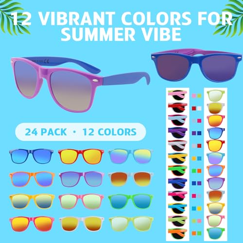 24 Pack Sunglasses Bulk - 12 Neon Sun Glasses with UV400 Protection, Great Gift for Pool, Beach, Birthday, Goody Bag Filler, Party Toys, Outdoor Party Supplies for Kids, Teens, Adults3
