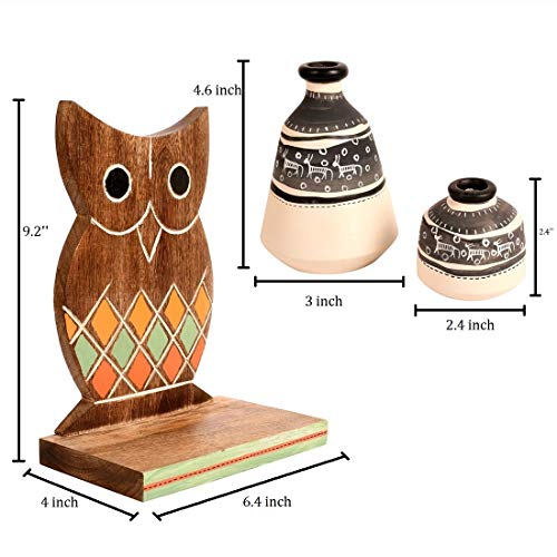 Image of AAKRITI ART CREATIONS Owl Wall Decor Shelf with 2 Pots Handcrafted in Wood | Warli Art Wooden Hanging Shelf with Vases | Matte Finish Decorative Wall Art for Living Room, Entryway & Gifting