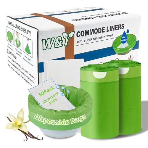 W&Y 50 Pack Commode Liners with Super Absorbent Pads Universal Fit All Standard Toilet Chair BucketVanilla-Scented Portable Sanitary Bag for Adult Toilets and Camping Toilets50 Bags+50Pads