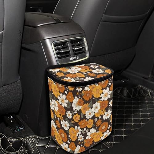 Image of Retro Sunflower Daisy Flower Car Trash Can Hanging Mini Auto Garbage Bin with Lid Washable Leak Proof Automotive Car Rubbish Bags for Back Front Seat,Cottagecore Car Interior Accessory