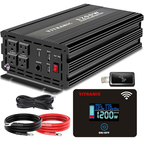 Image of YITRANIC 1200W Pure Sine Wave Power Inverter 12V DC to 110V AC for Home, Camping, RV, Outdoor, with Wireless LCD Remote Control, Dual 5V 3A USB, Type C, 4 US outlets, Upgraded of 1000 watt Inverter