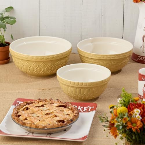 Vintage Farm Stoneware Mixing Bowl Set, 3-Piece, Includes 2 Qt, 3 Qt & 4.25 Qt Bowls, Embossed Patterns in Golden-Honey Finish, Durable & Nesting Design, Perfect for Mixing, Baking & Serving - Thumbnail 4