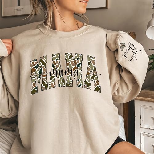 Custom Camouflage Mama Sweatshirt with Grandkids Names on Sleeve, Camo Varsity Mama Hoodie, New Mom Gift4