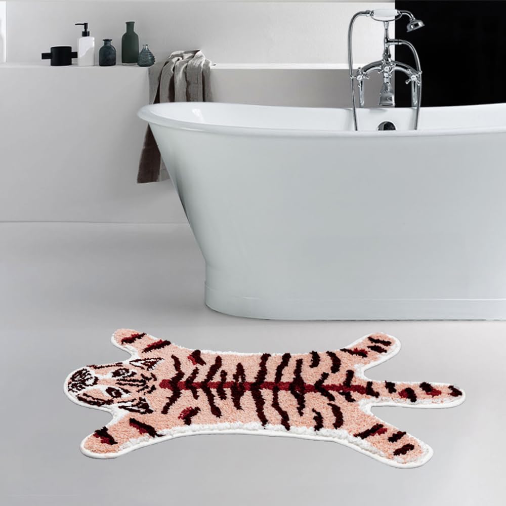 Divertida Alfombra De Baño De Leopardo Rosa Para Baño, Bonita Alfombra De Baño Antideslizante En Forma De Animal Absorbente, Para Decoración De Baño, Alfombra De Ducha De Felpa Estética, Lavable A