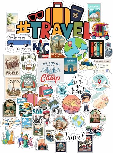 Image of Travel Stickers for Kids & Teens, 50 Pack Waterproof Vinyl Decals for Laptops, Water Bottles, Bikes, Skateboards, Luggage, Party Favors