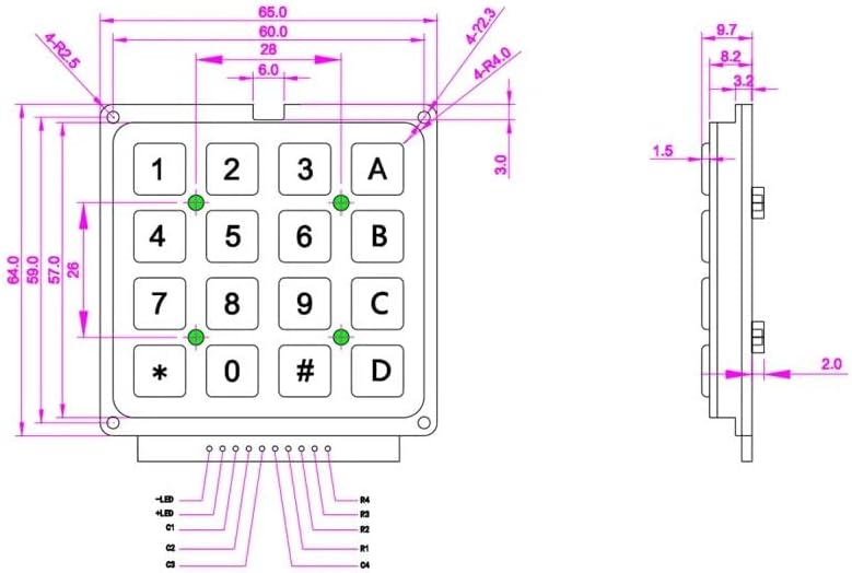 16 Keys Matrix Interface Mini Compact Panel Mount Metal Keypad for Password Unlock Door System(L2-Non-Backlight)