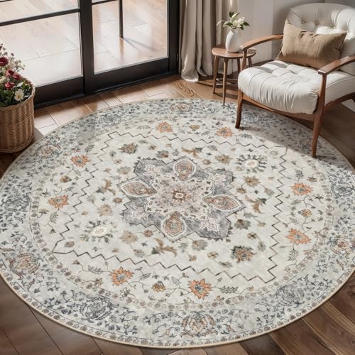 Image of Tangsoo Washable Round Area Rugs 5ft, Vintage Non Slip Circle Rug Low Pile
