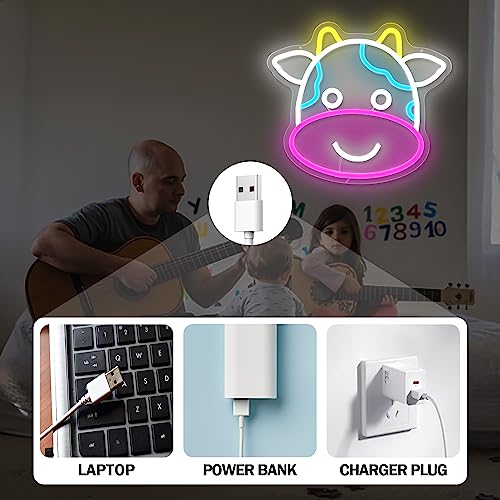 Image of Cow Neon Sign Cute Cow Neon LED Signs for Wall Dimmable Light Up Signs for Kids Room Bedroom Led Lights Sign Decor Animal Night Light Gift for Boys Girls USB Powered