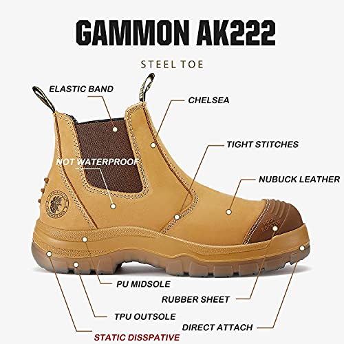 ROCKROOSTER Gammon Work Boots for Men, 6" Steel Toe Chelsea Boots, Wheat Safety Slip On Boots, Anti-fatigue, Nubuck Leather, Non slip, Breathable, Comfort, AK2223