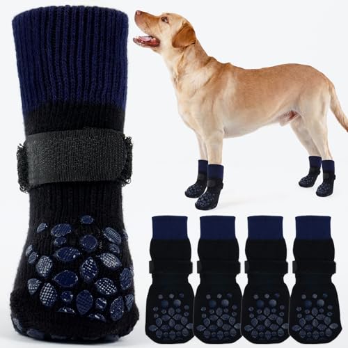 Image of ROZKITCH 2 Pairs Dog Paw Protectors, Gripper Socks for Hardwood Floors Paw Bandage Long Dog Socks Paw Wound Cover with Grips & Adjustable Straps for Corgi, Schnauzer Blue L