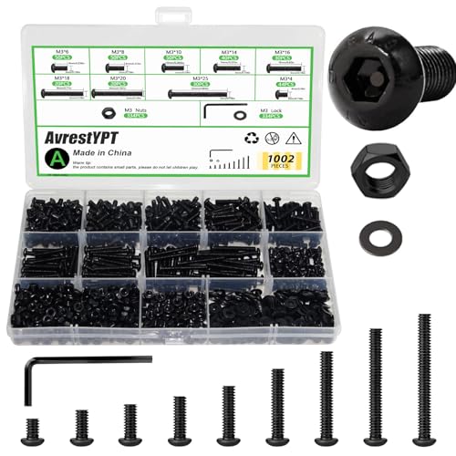 1002PCS M3 Assorted Nuts and Bolts Kit, M3x4-6-8-10-14-16-18-20-25mm Screw Kits, Metric Hex Button Head Cap Screws, Nuts and Flat Washers, for 3D Printer Mods, Bed Frame, Furniture, Automotive