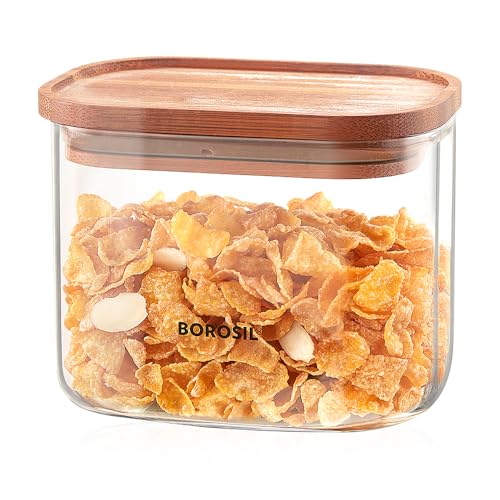 Image of Borosil 600ml Storage Jar Set with Bamboo Lid | Made in India Borosilicate Glass Dishwasher Safe Container for Kitchen | Multipurpose Kitchen Organizer for Cookie & Dals