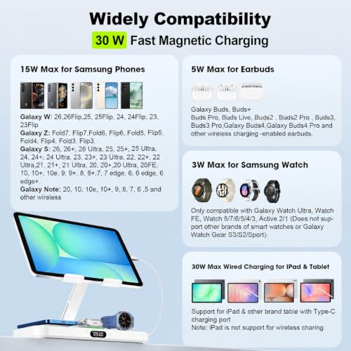 Image of 6 in 1 Charging Station for Samsung Multiple Devices, Foldable Wired Charging Stand for iPad /Tab with Clock & Light, Charger for S26 /S25 Ultra /Z Fold 7 & Buds, Only for Galaxy Watch(White)