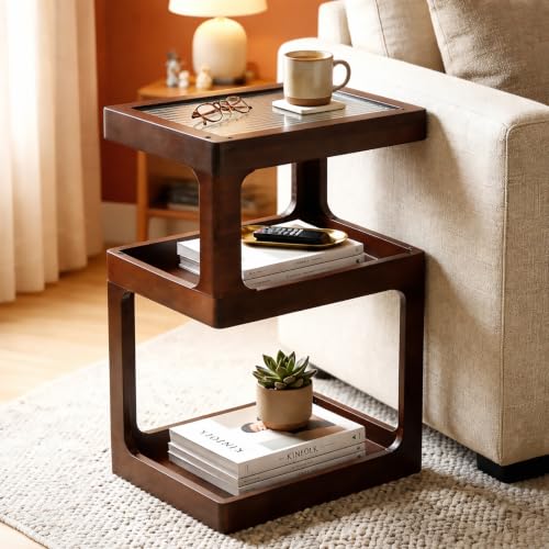 CheerNest Solid Wood End Table 3-Tier Small Side Table with Fluted Acrylic Top Rectangular Geometric Retro Accent Table with Open Storage for Small Spaces Living Room Bedroom 100% Pine Brown