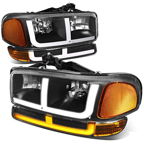 Auto Dynasty 4PCS Switchback LED DRL Headlights and Bumper Lamps Compatible with GMC Sierra Yukon XL 1500 2500 3500 99-07, Driver and Passenger Side, Black Housing Amber Corner
