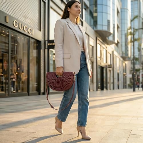 Image of Elegant Half Round Chinc Woven PU Leather Lou Top Handle Bag for Women Formal Evening Clutch Purses