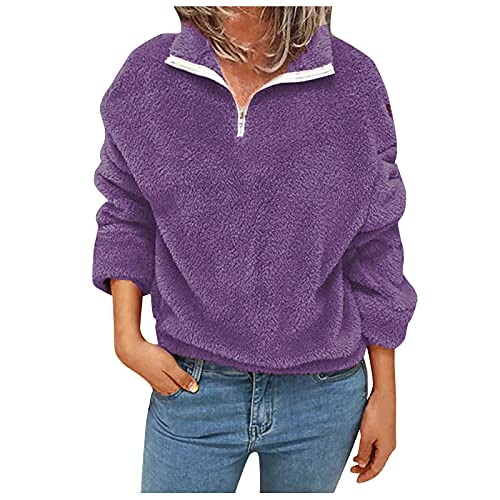 YINGXIONG Plüsch Pullover Damen Langarm Teddy Fleece Pullover Zip Sweatshirt Winter Warme Oversized Flauschig Pulli Frauen Elegant Stehkragen Winterpullover Sweater Mantel mit Reißverschluss Cover
