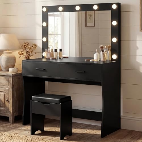 Image of YESHOMY Vanity Desk with Mirror,Makeup Vanity Table with 11 Adjustable Lights and 2 Spacious Drawers,3 Lighting Modes with Control&Soft-Padded Storage Stool,Modern Bedroom Vanity Set,Black