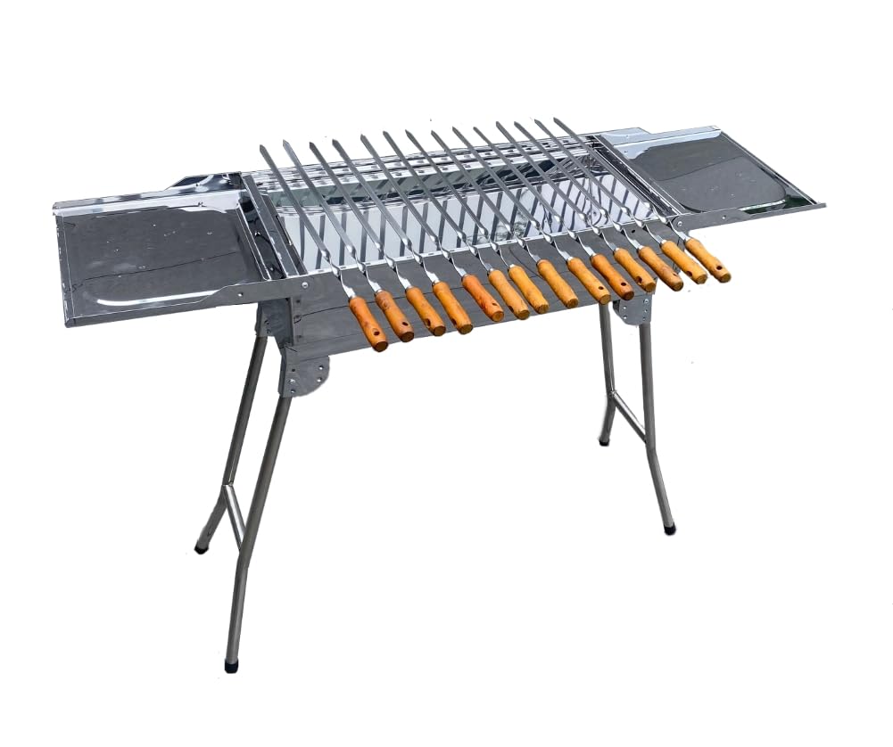 walexo Familien Grill Mangal mit klappbaren Füßen Schaschlik und BBQ Kohlegrill Säulengrill Standgrill (inkl. 14 Spieße aus Edelstahl mit Holzgriff)