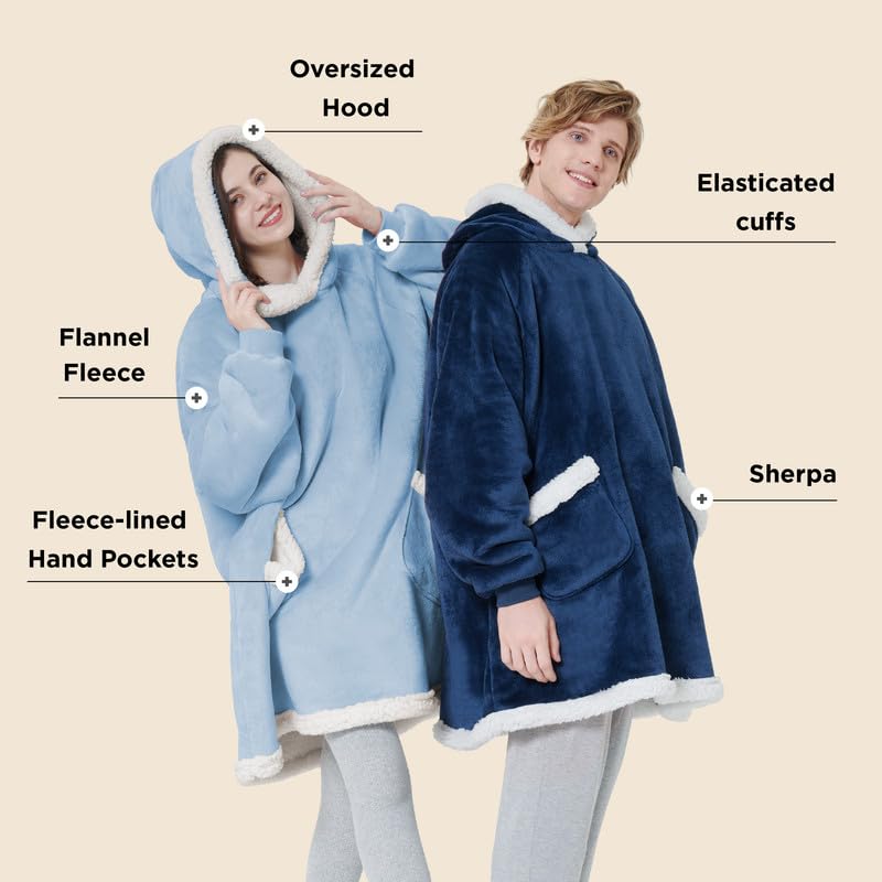 Bedsure Blanket Hoodie, Wearable Blanket for Adults & Kids as Gifts for Women Men, Birthday Gifts for Women Mom Girl Sherpa Oversized Hoodie, Sky Blue, Oversize