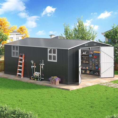 Image of AirWire 12x18 FT Outdoor Storage Shed, Garden Shed with Updated Frame Structure and Lockable Doors, Metal Tool Sheds for Backyard Garden Patio Lawn,Black