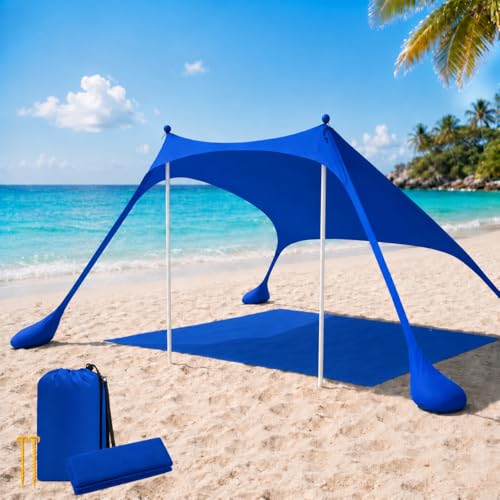Tente de Plage, abri Solaire UPF50+ avec Tapis de Plage, 6.5x6.5FT, Facile à Monter, avec Sac de Transport et Cordes Coupe-Vent, pour Camping, pêche, Jardin...