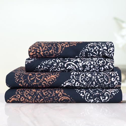 Image of Cloth Fusion Glace Cotton Elastic Fitted Bedsheet Queen Size for Double Bed with 2 Pillow Covers (78X60 inches, Midnight Paisley)