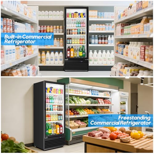 Image of Commercial Beverage Refrigerator, 24.5 inch Glass Door Display Fridge, 15 Cu.Ft Freestanding Beverage Cooler with 4 Adjustable Shelves, Auto Rebound Door, Low Noise, for Shops, Restaurants & Bars, Black