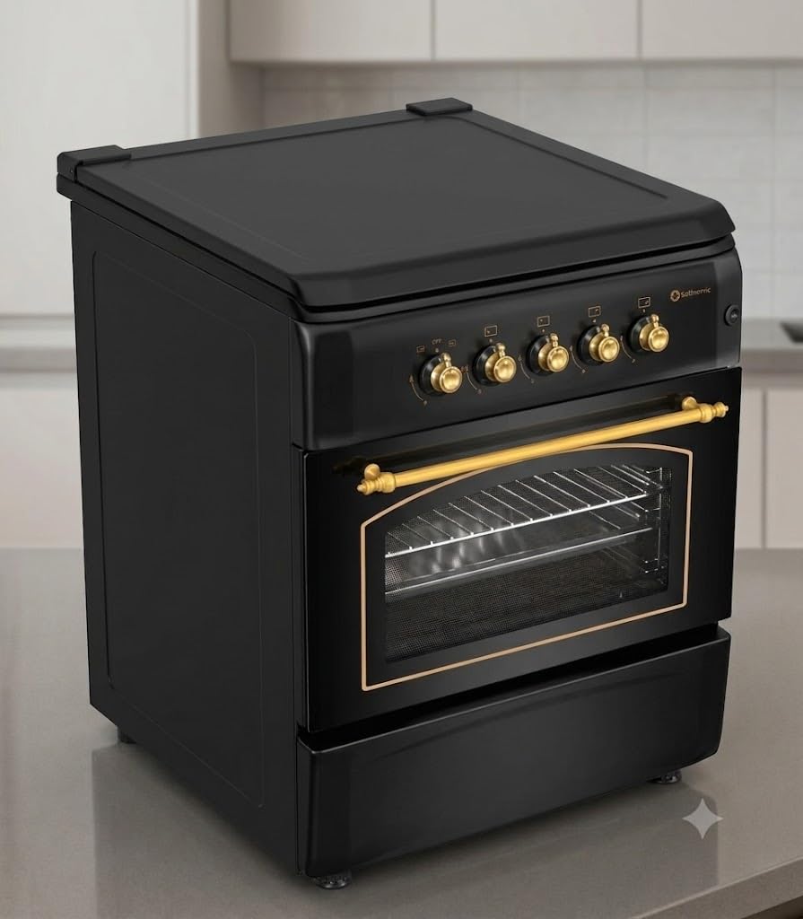 SOLTHERMIC COMBO PACK NEGRO RÚSTICO ACABADO DORADO COCINA ELÉCTRICA CON HORNO 50L + CAMPANA DE 60 H60PR (4 FUEGOS, GRAN CAPACIDAD EXTRACCION, SISTEMA SEGURIDAD)