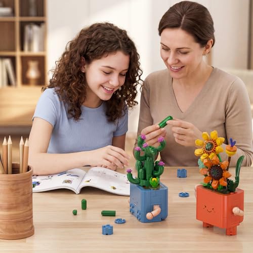 Image of 292 PCS Cute Plants Building Blocks Set, 2-in-1 Artificial Succulents Cactus & Sunflower Potted Flowers Building Toys, Creative DIY Floral Botanical Collection Gift for Adults & Kids Ages 6+