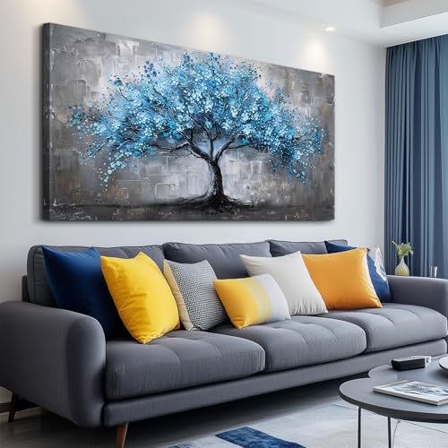 FUHAIHUA Canvas Wall Decor For Bedroom Large Wall Art For Living Room Office Decortions Black And White Paintings Blue Trees Wall Pictures Framed Mural Aesthetic Home Decor Posters Artwork 24x48 In