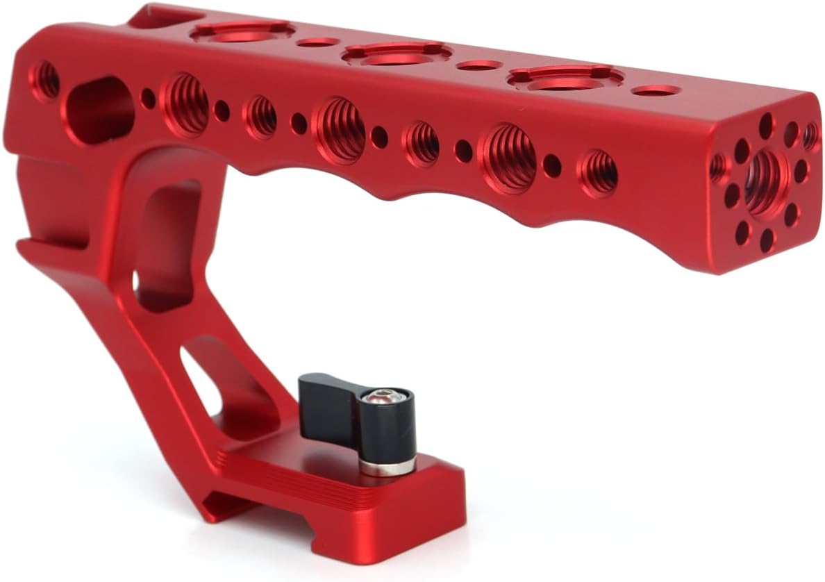 Universal Top Handle with Quick Release NATO Grip with NATO Rail for DSLR Camera Cage, with 3 Cold Shoe Adapters to Mount DSLR Camera with Microphone/LED Light/Monitor (Red with NATO Rail)
