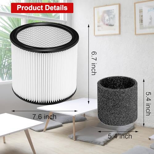 90304 HEPA Replacement Cartridge Filters Compatible With Shop-Vac 90304, 90350, 90333, 90585, 903-04-00, 9030400, Replacement Fits for 5 Gallon and Above Wet/Dry Vacuum Cleaners(2+4)