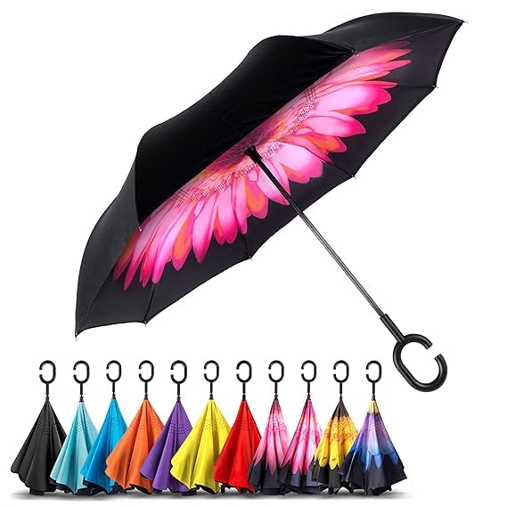 MOHAK Double Layer Inverted Umbrella with C-Shaped Handle – Windproof, Reverse Folding, No-Drip, Hands-Free Design – Portable, Durable, Outdoor Car Umbrella for Men & Women