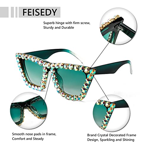 FEISEDY Women Crystal Square Cat Eye Sunglasses Sparkling Trendy Retro Cateye Sunglasses B28984