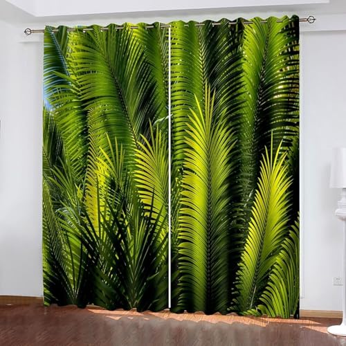 Cortina para ventanas verde, tratamiento de ventanas, diseño moderno de hojas, poliéster, 2 paneles, 264 x 228 cm